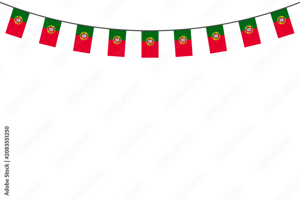 Obraz premium Portugal flag bunting on a string, isolated on a white background, national celebration decoration.