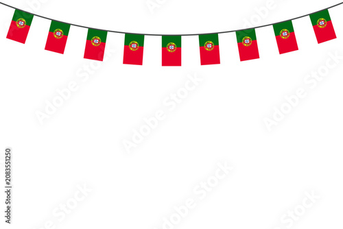 Portugal flag bunting on a string, isolated on a white background, national celebration decoration.