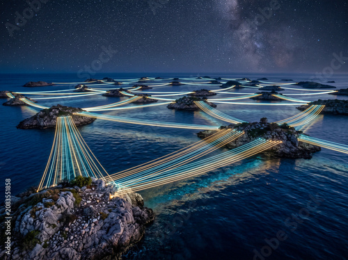 Abstract Network of Glowing Light Trails Connecting Rocky Islands in the Ocean Under a Starry Night Sky