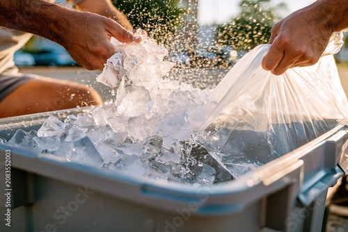 Hands Pouring Ice into Cooler