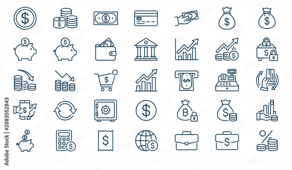 Fototapeta premium Money Dollar Icon Collection with Currency Symbols and Dollar Bill Vector Set