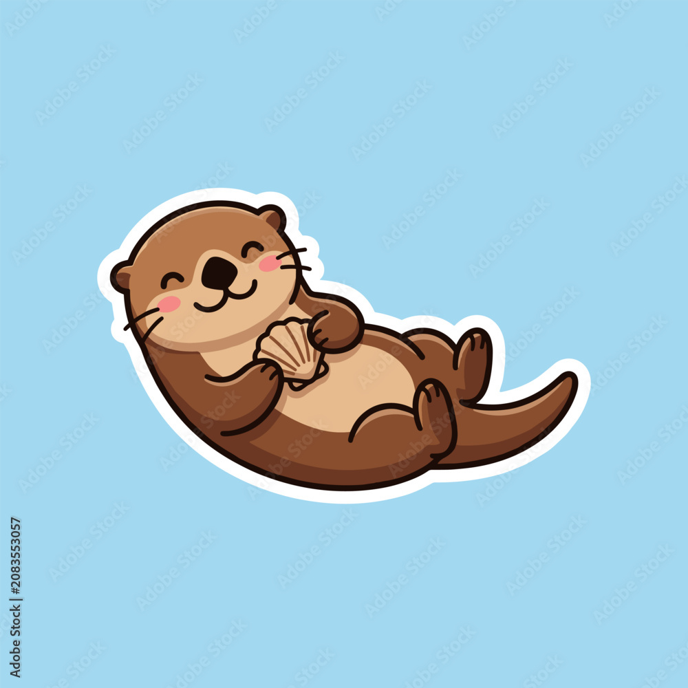 Obraz premium A cute cartoon sea otter floating on its back while holding a seashell.