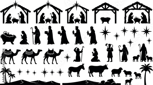 Fotografie Christmas Nativity Scene Silhouette Icon Set Featuring Holy Family Three Wise Me