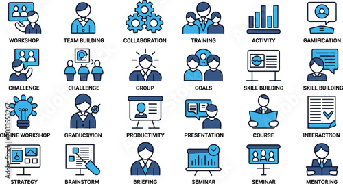 Business training and corporate workshop line icon set for team collaboration professional development and online seminar design