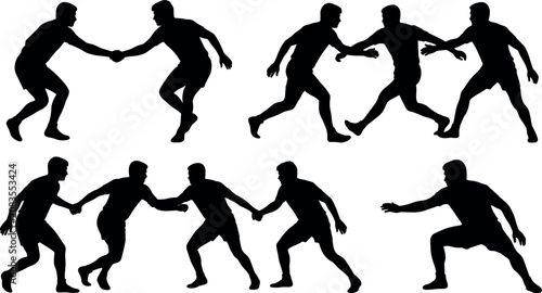 Tableau sur toile Kabaddi Players Chain Hold Silhouette Vector Set Featuring Team Defenders Catchi