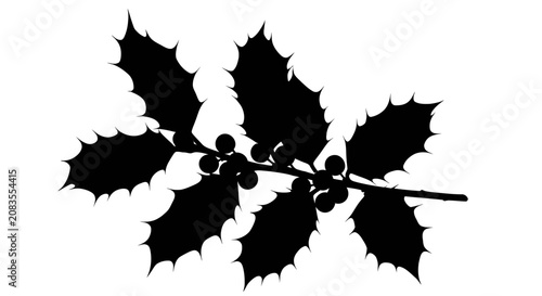 Holly branch with berries in black silhouette on white background