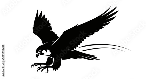 Black silhouette of a flying eagle in motion with outstretched wings and sharp talons on white background