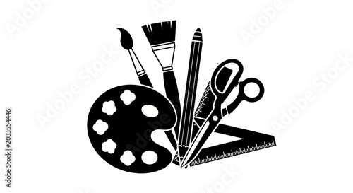 Art supplies arranged with paintbrushes palette