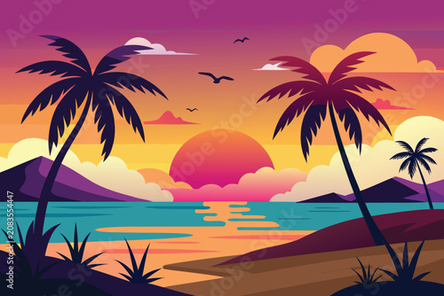 beautiful sunset landscape vector design with palm trees, flying birds and hills