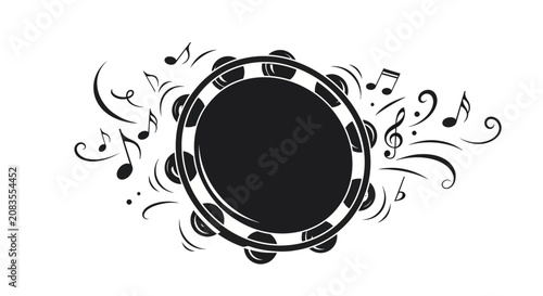 Black tambourine surrounded by musical notes on white background