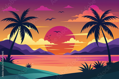 beautiful sunset landscape vector design with palm trees, flying birds and hills