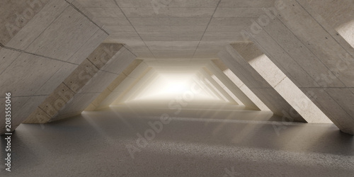 Futuristic concrete tunnel with bright light