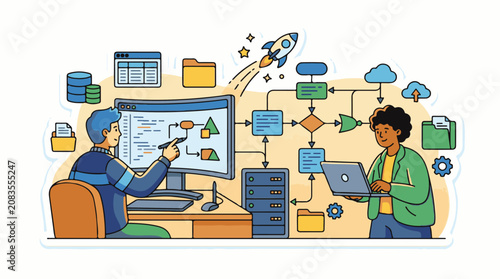 Diverse team collaborates on code and cloud technology development