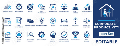 Corporate productivity and time management solid icon set. Includes symbols for Remote Work, Agile Workflow, and Data Optimization. Vector icons for business performance and goal setting.