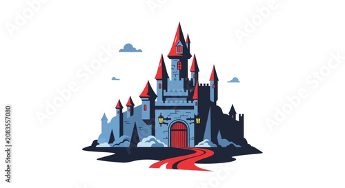 Photos Fairytale castle illustration with red roof towers and gate