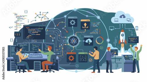 Diverse team collaborates on complex digital system and rocket launch