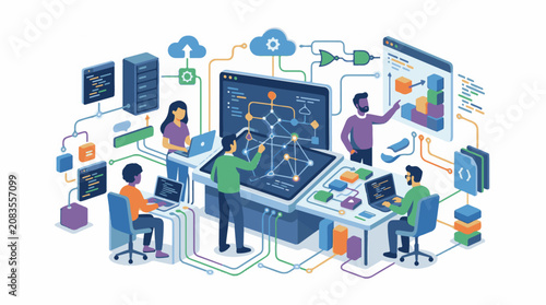Diverse team collaborates on complex digital system diagram using screens and code