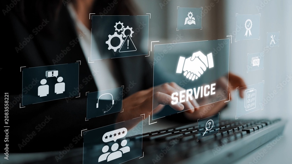 Fototapeta premium Customer service and support workflow with cooperation, communication, maintenance, and checklist icons for efficient service operation and user satisfaction Marrow