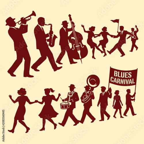Photography Vintage silhouette vector illustration of a blues carnival parade with a jazz band, musicians, and dancers