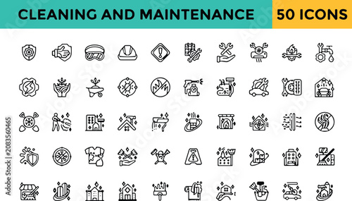 Tableau sur toile Cleaning and maintenance line icon set featuring janitorial service home repairs