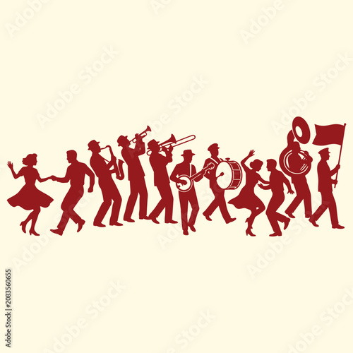 Sticker Red silhouette vector of a vintage jazz marching band and swing dancers