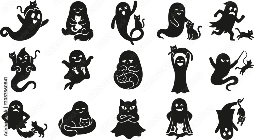Fototapeta premium Halloween ghost and cat silhouettes for spooky decorations and designs