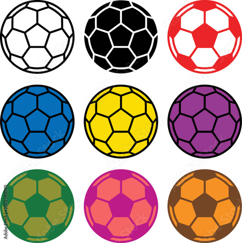 Obraz na płótnie Collection of nine diverse colorful soccer balls with traditional hexagonal and