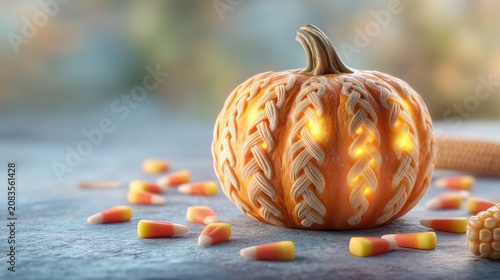 Intricate Celtic Knot Carving on Glowing Pumpkin with Candy Corn Surrounding