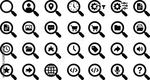 Magnifying glass icons with various symbols