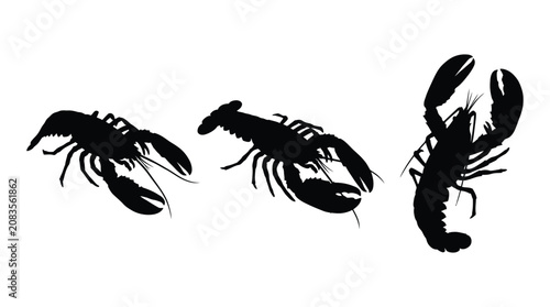 Bild auf Leinwand Three Lobster Silhouettes In Black Against A White Background Silhouette