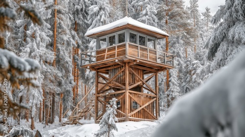 Wooden Watchtower in Snowy Forest of Siberian Cold Landscape