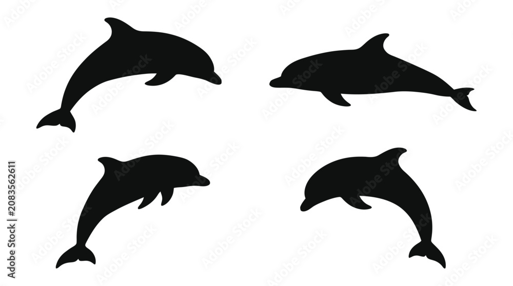 Fototapeta premium Four Dolphin Silhouettes Against A White Background Silhouette