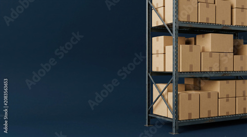 Cardboard parcel boxes stacked on industrial warehouse metal shelving unit. Online shopping delivery and logistics storage concept. E-commerce distribution center with copy space.