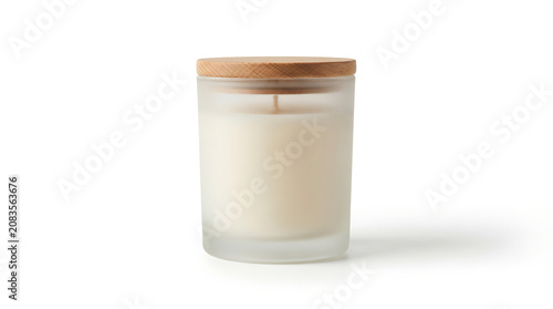 Frosted Glass Candle Jar with Wooden Lid on white background
