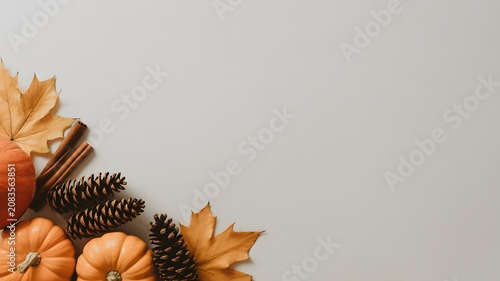 Orange pumpkins with dried maple leaves and cinnamon sticks arranged on a clean white background for seasonal autumn holiday themes