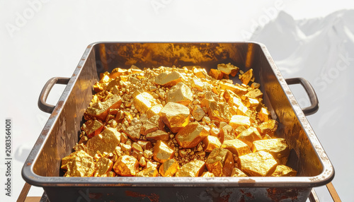 Trough Full of Raw Gold Nuggets in a Mining Setting