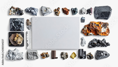 Assortment of Raw Minerals and Rocks with White Card