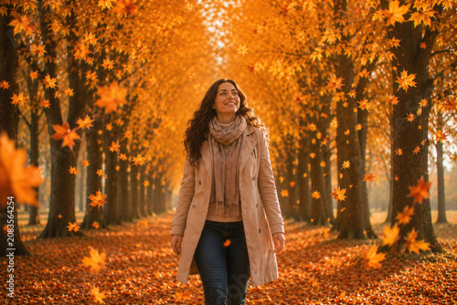 Golden autumn leaves swirl around a smiling woman