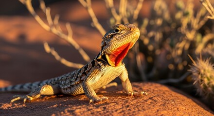 Texas horned lizard displaying bright orange throat pouch in des