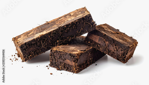 Three Rectangular Blocks of Dark Soil with Roots, Organic Material, Gardening