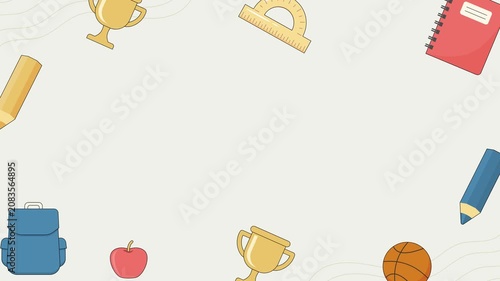 Seamless looping background animation of moving back to school elements like pencils, trophy, books, bag, and ruler with center text copy space on beige solid color