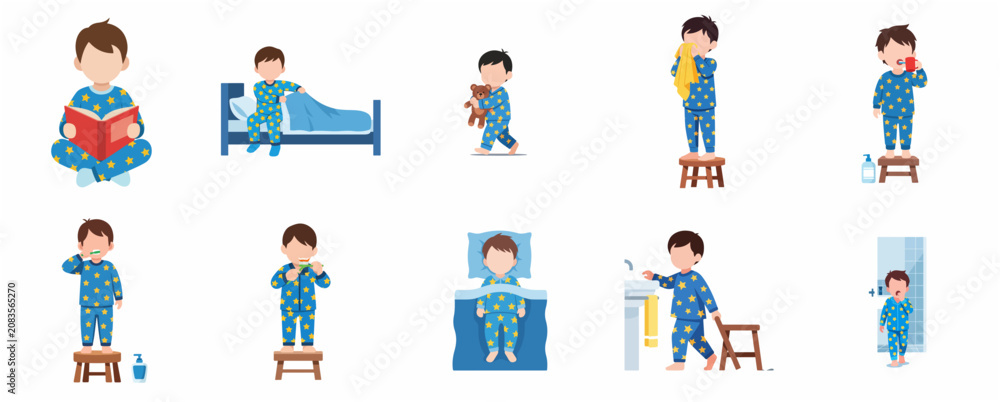 Fototapeta premium Little Boy Character Set Performing Daily Bedtime and Morning Hygiene Routine in Starry Pajamas