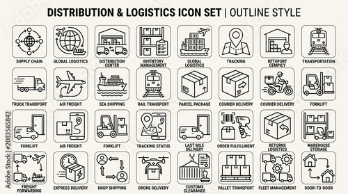 Logistics and Distribution Line Icon Set