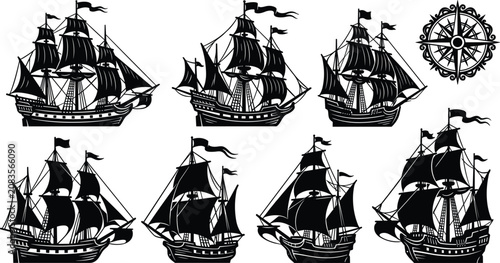 Foto Detailed old sailing ship silhouettes pack featuring multi mast wooden galleon v