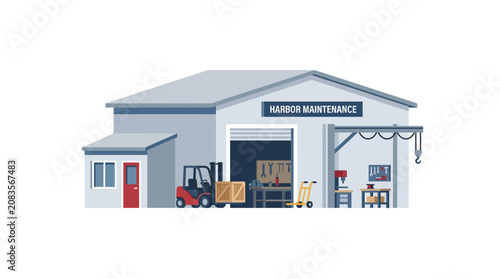 Foto Industrial Harbor Maintenance Warehouse with Forklift and Tools