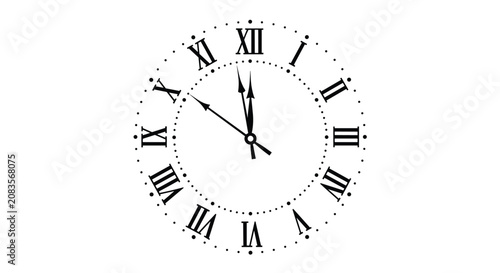 Classic clock face with roman numerals showing almost twelve oclock in a clean black and white style.