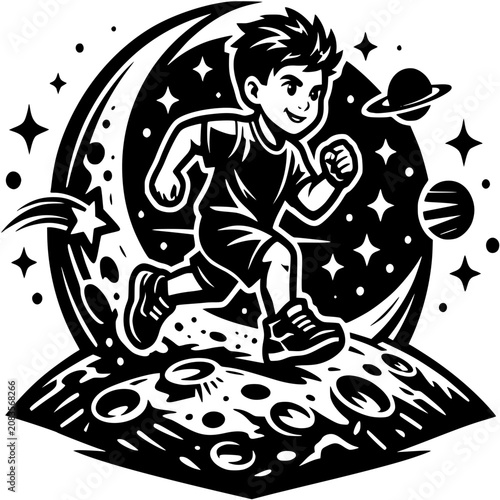 Boy: Boy running on moon vector illustration