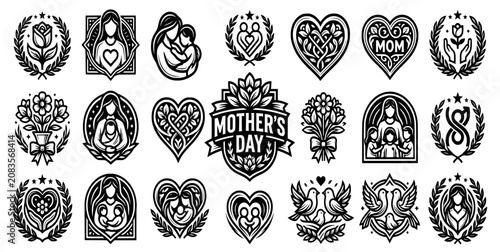 Mother's Day Icon Sheet: Set of black tree silhouettes vector illustration, nature design elements, seamless pattern icons, floral ornament shapes, circular decoration, tattoo style symbols