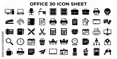 Office icon sheet : Black and White Vector Design Icons Set with Business Internet Computer Phone Mail Camera Book Music Home and Communication Symbols Illustration