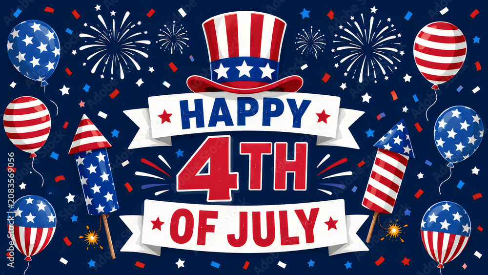 Obraz premium America Independence Day graphic features a stylized uncle sam hat and colorful fireworks arranged around a bold typographic banner that celebrates the holiday on a dark blue background pattern.
